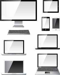 Einfache Darstellungen von Laptops, Handys, Tablets, Bildschirmen und Tastaturen